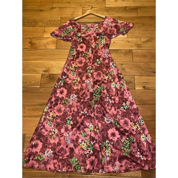 Vintage 60s 70s large collar pink floral maxi dress medium - Picture 9 of 13